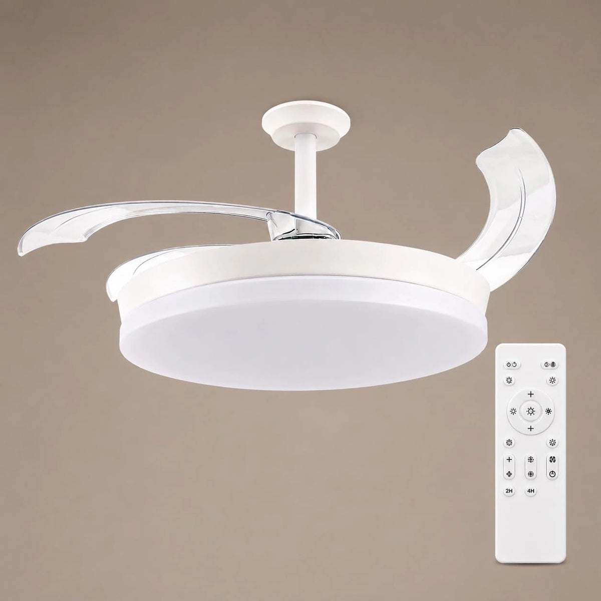 M, Ventilatore da soffitto, 36W, 30W, 107 cm, con telecomando, con timer, a LED, Bianco