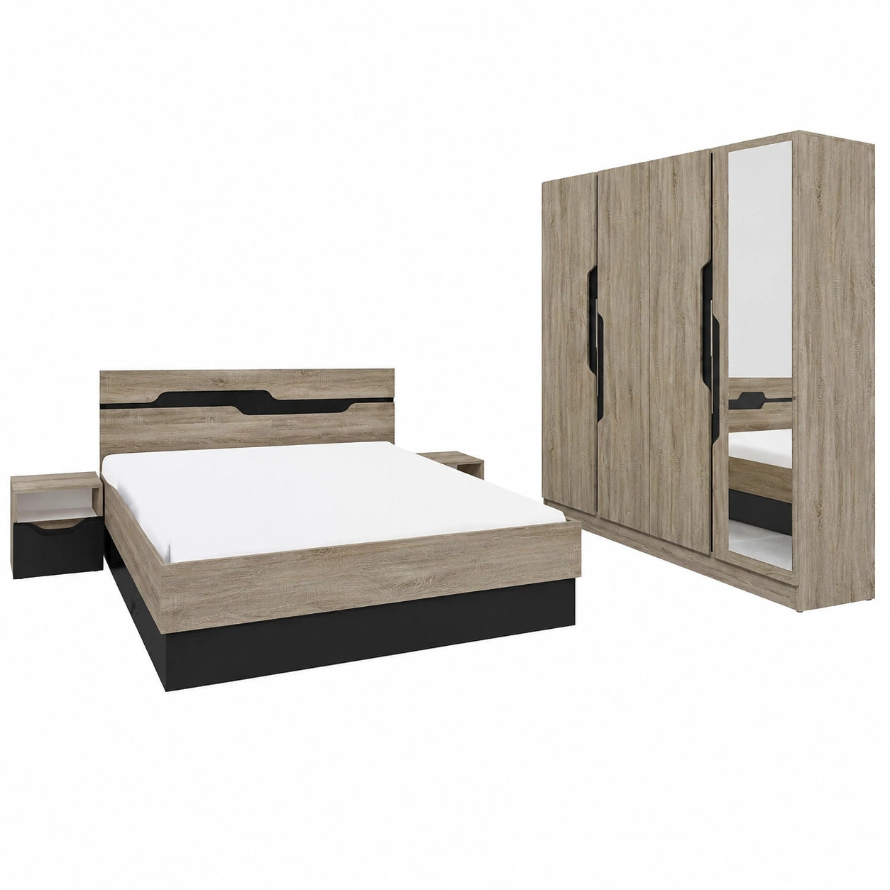 Set Camera da Letto Moderna con Armadio 4 Ante, Letto Matrimoniale e Comodini, Rovere e Antracite