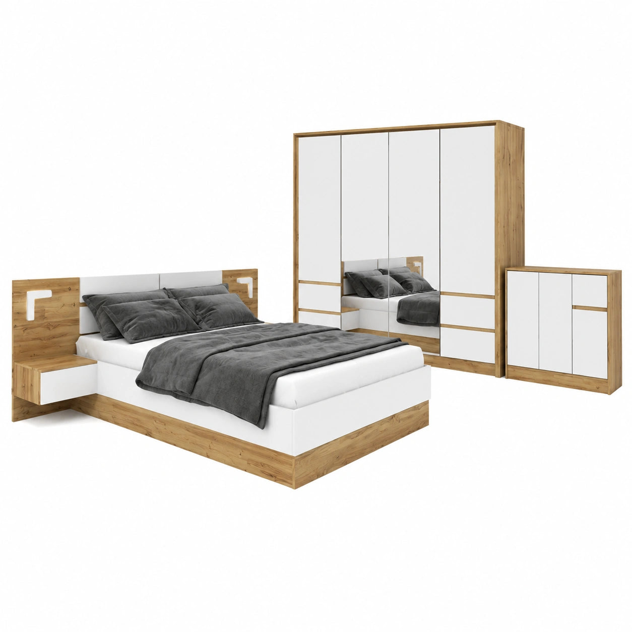 Set Camera Completa Stile Moderno Rustico con Letto Matrimoniale, Armadio e LED