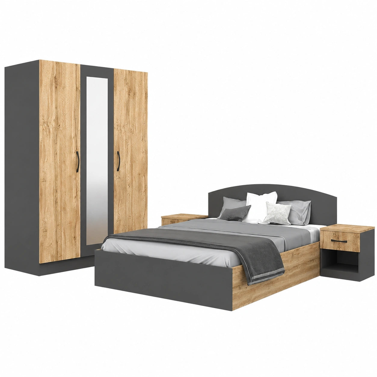Camera Matrimoniale Moderna con Letto Contenitore 160x200 cm, Armadio 3 Ante Soft Close, Comodini Rovere e Antracite, Arredo Completo