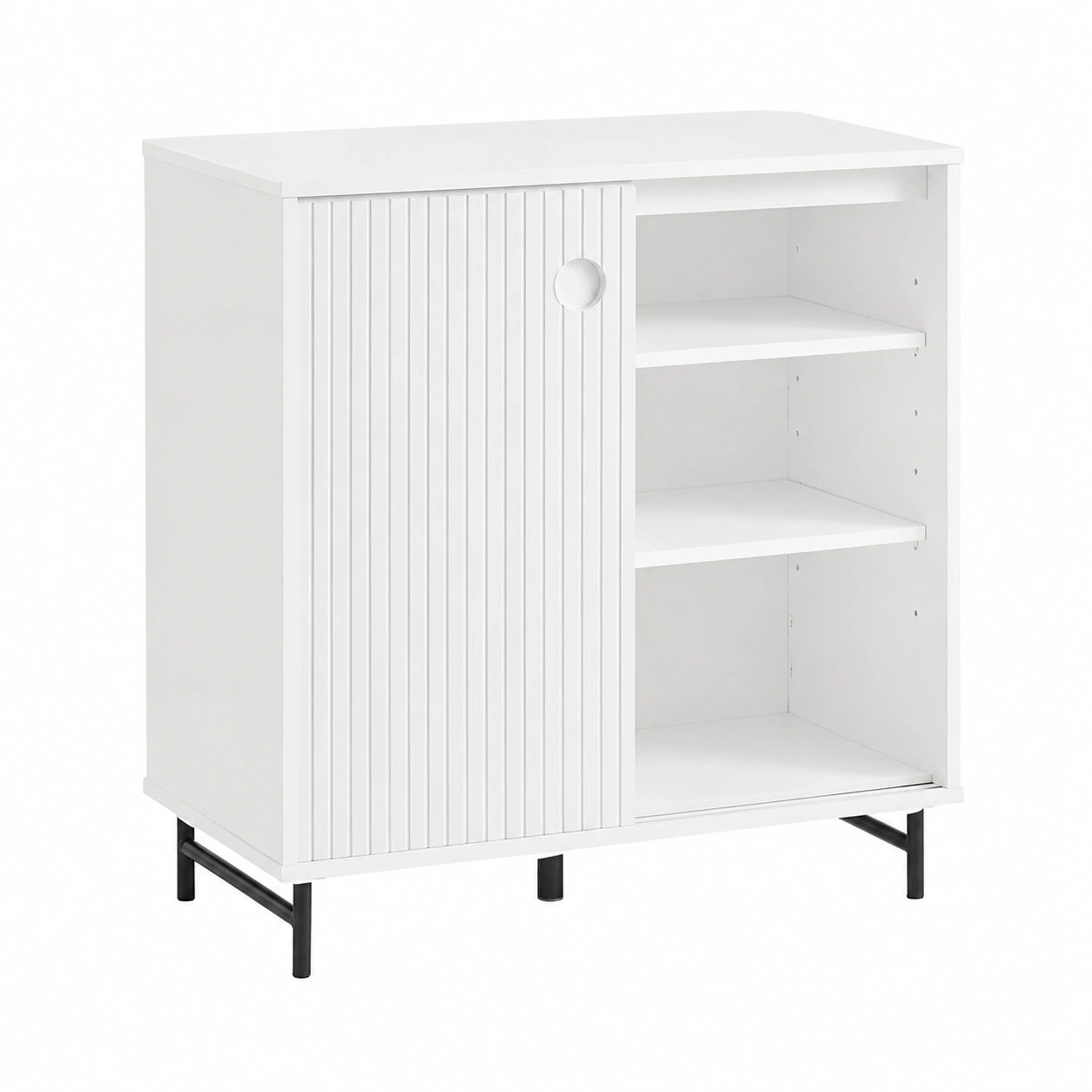 Credenza Salvaspazio Moderna con Anta Scorrevole e Gambe in Bambù, Bianco