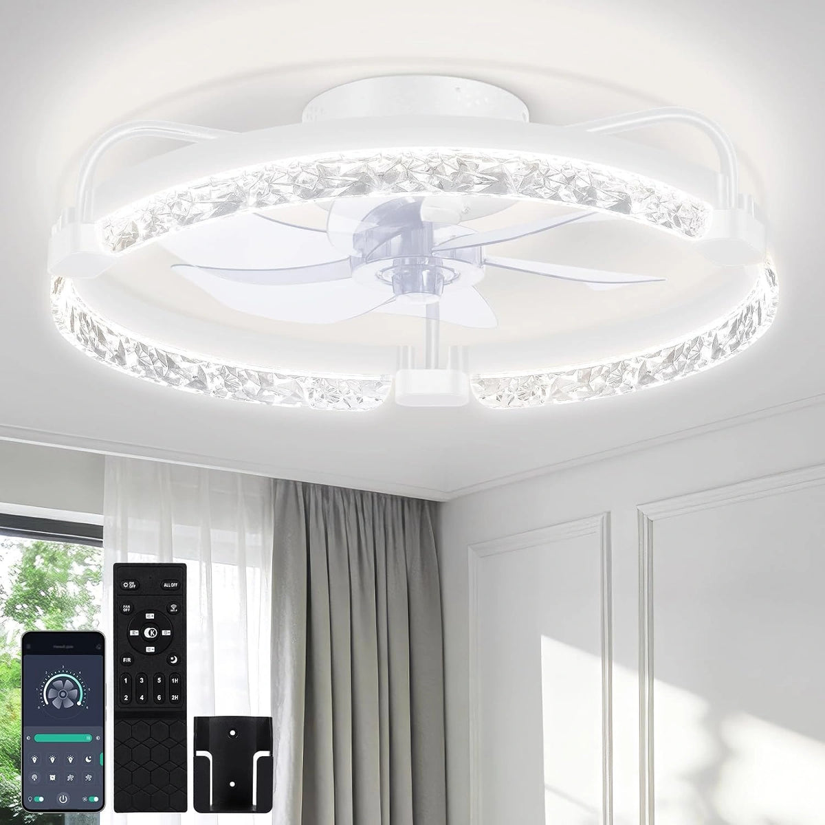 OUTON 50cm, Ventilatore da soffitto, 50cm, con telecomando, Bianco