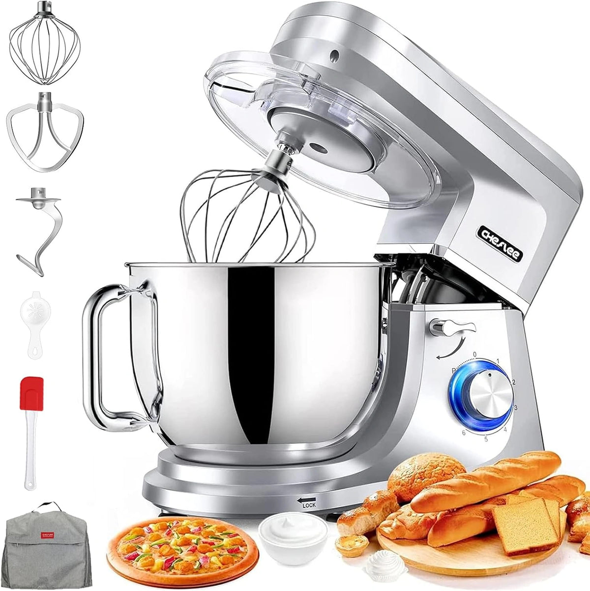 CHeflee, Robot da cucina, 2000 W, 8 Litri, multifunzione, Argento