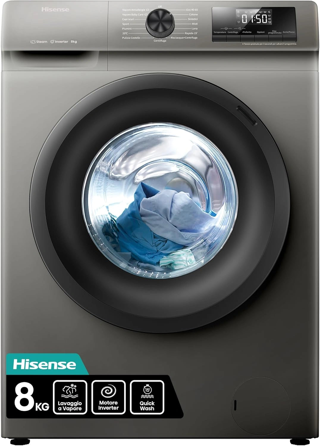 Hisense WFQP8014EVMT, Lavatrice, 8 Kg, con display digitale, a LED, Grigio