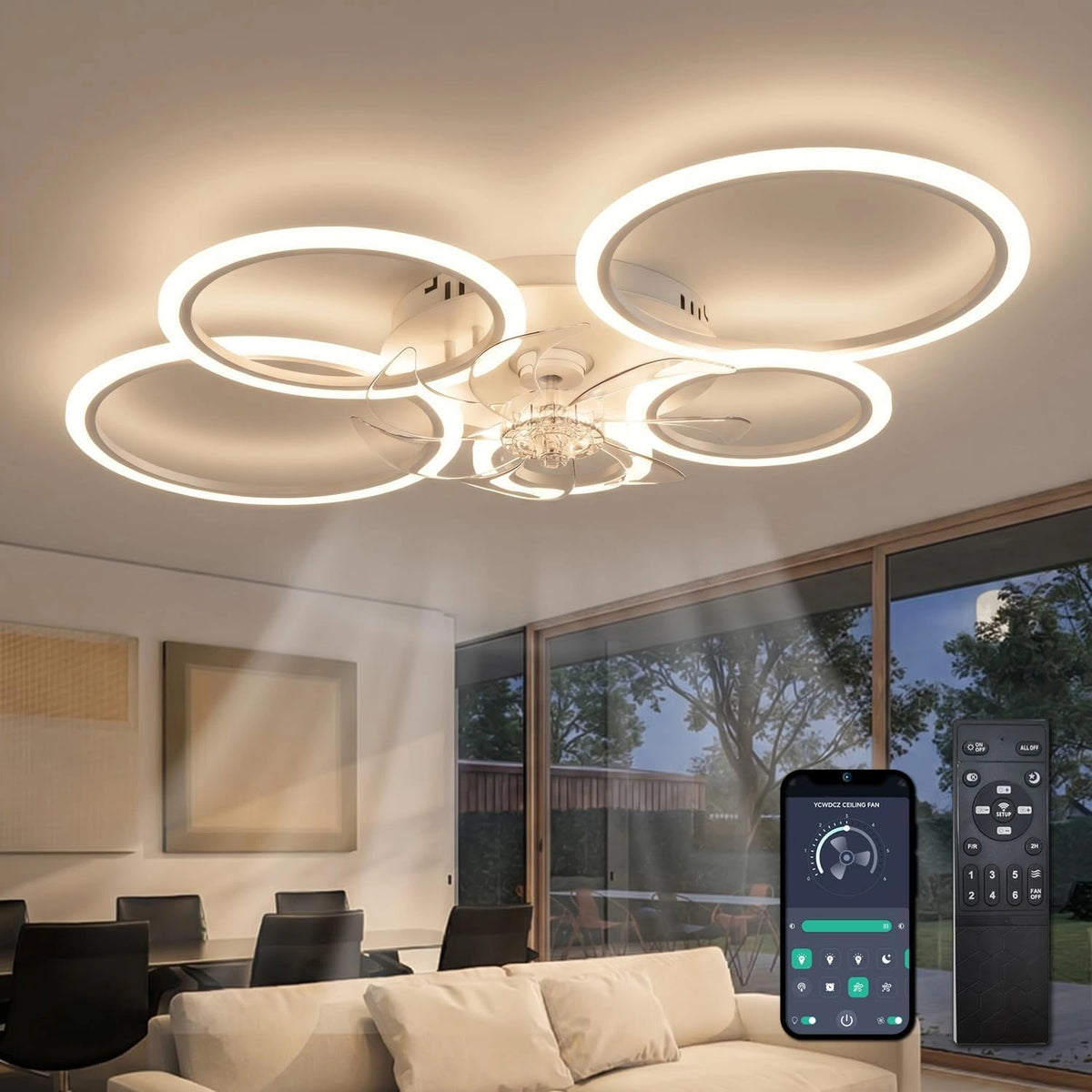 Lampadario, Ventilatore da soffitto, 100cm, con telecomando, silenzioso, Bianco