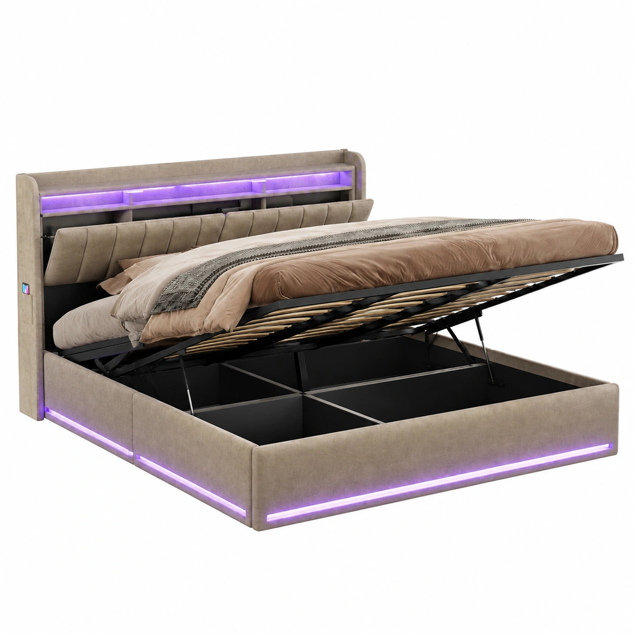 Letto Matrimoniale Velluto 160x200 cm con Contenitore e LED