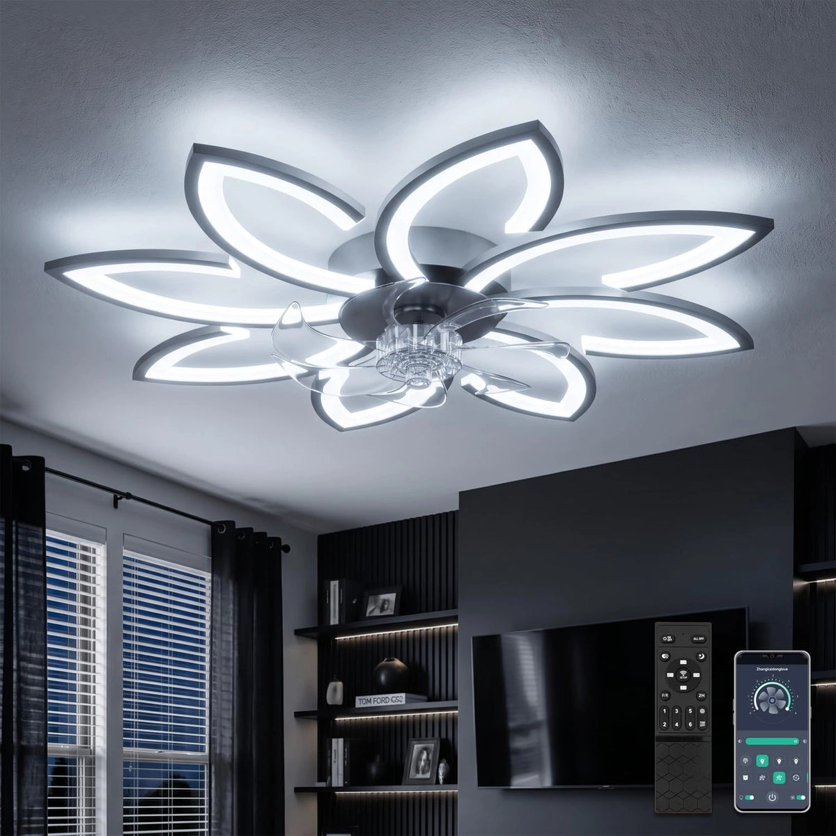 Ventilatore da soffitto, 90 cm, con telecomando, a LED, Nero
