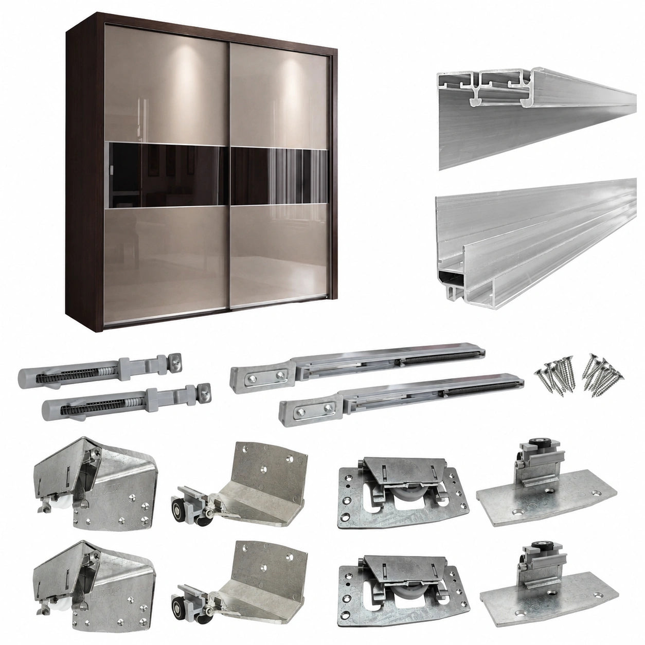 Kit Ferramenta SISTEMA-4 per Armadi Scorrevoli, Max 80 Kg - Include Binari e Carrelli, Apertura e Chiusura Ammortizzata