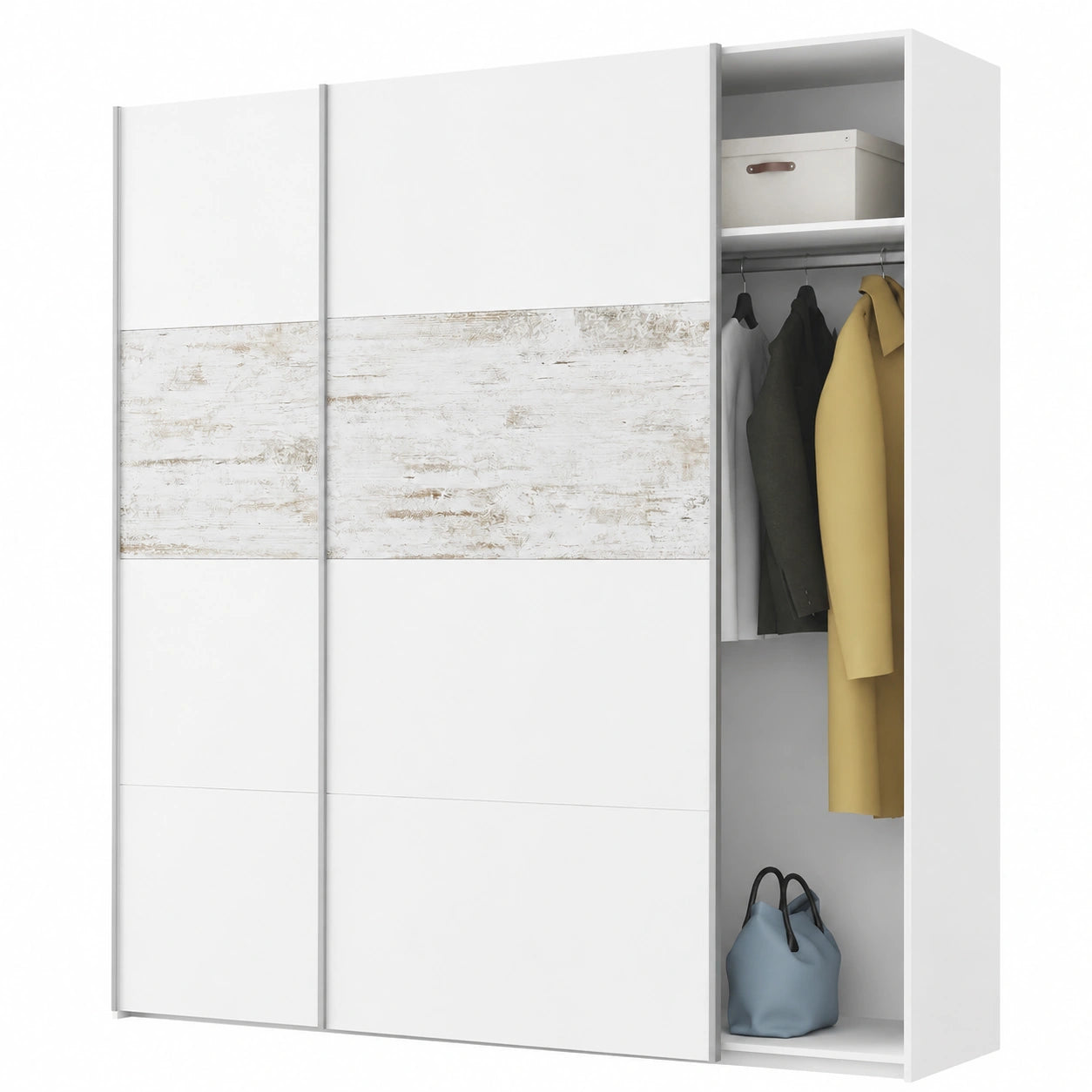 Armadio Scorrevole Vintage in Legno Bianco e Legno, 180x200x60 cm