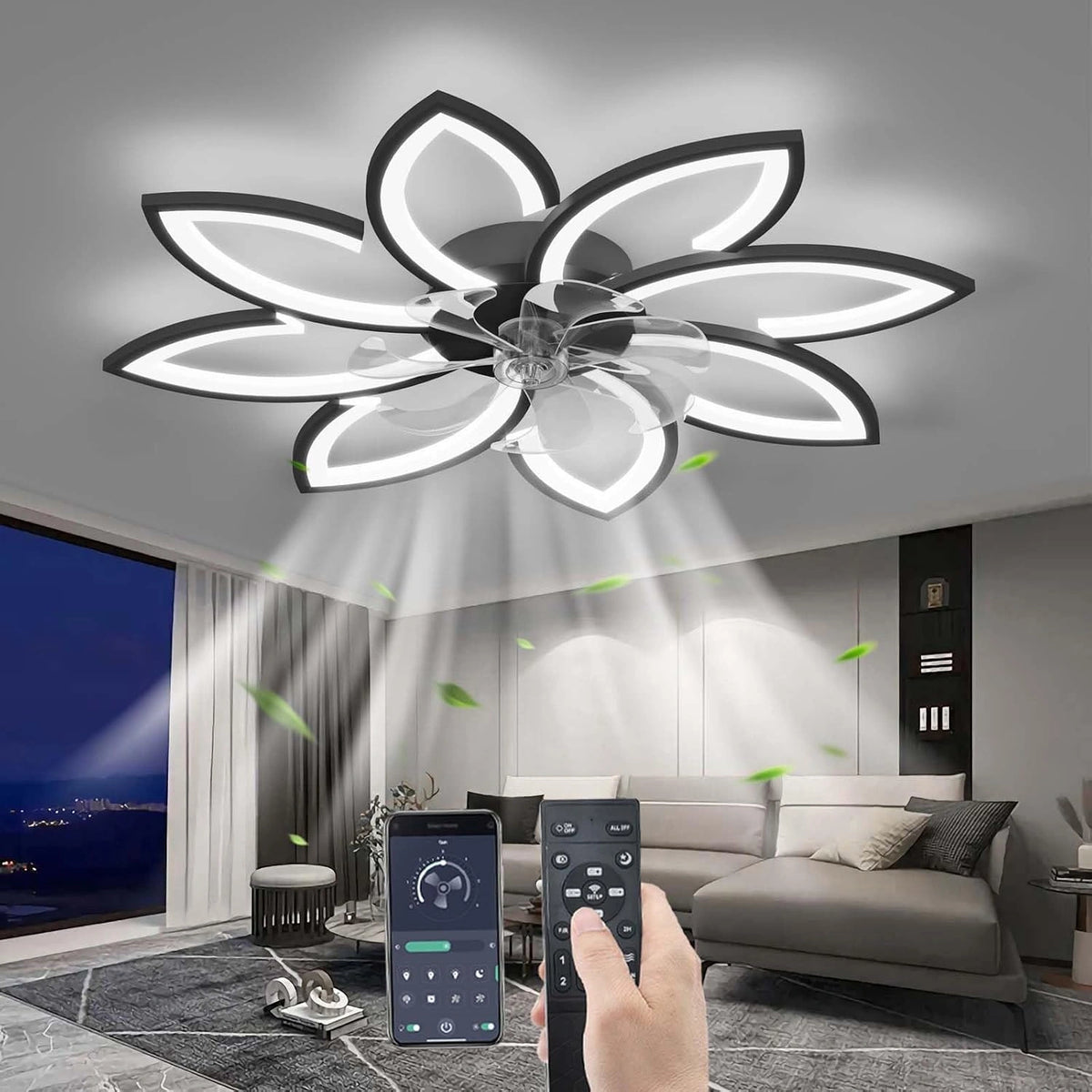 YUNZI, Ventilatore da soffitto, 90CM, con telecomando, a LED, regolabile, Nero