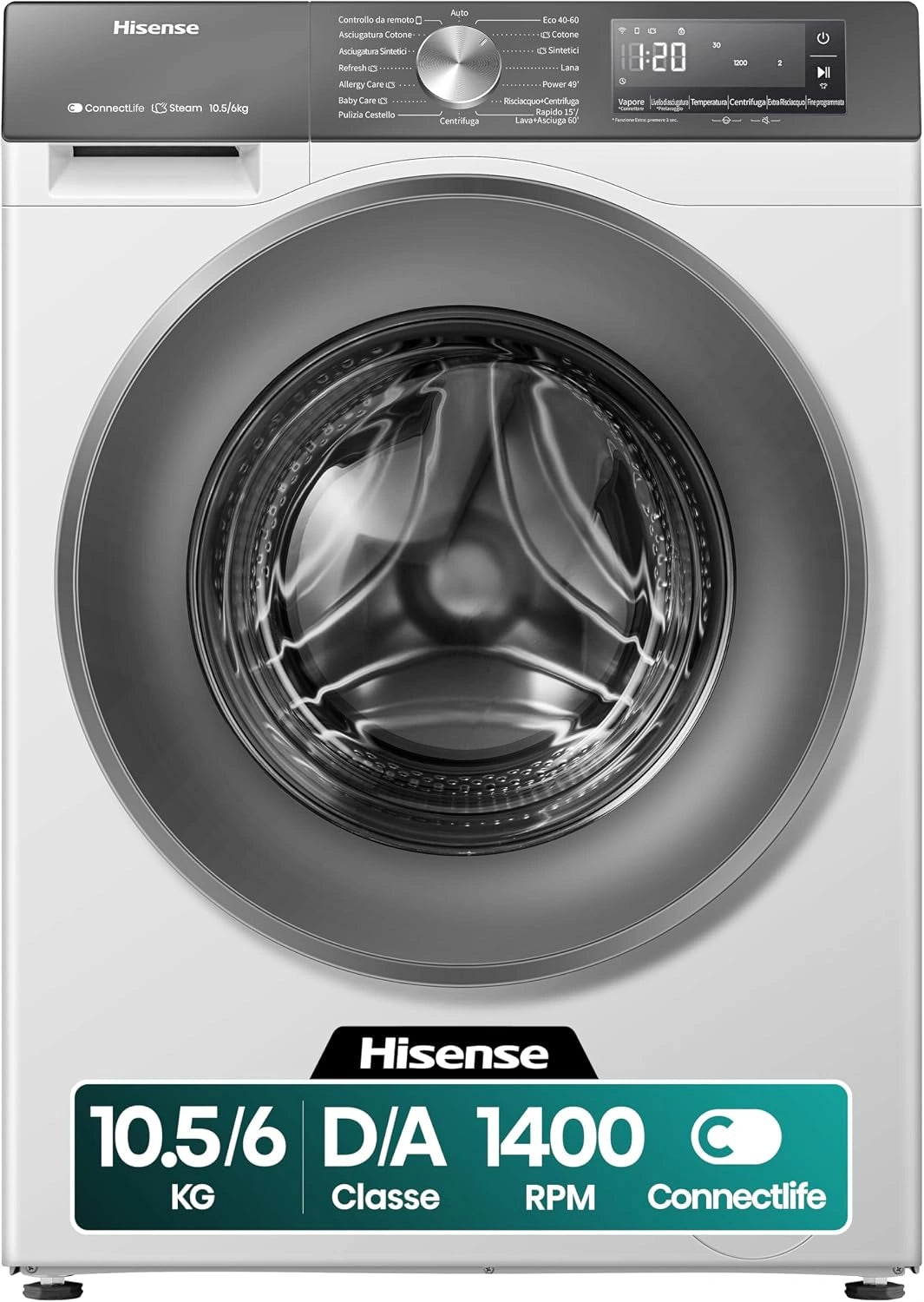 Hisense WD3S1043BW7, Prodotto per casa e tempo libero, 6 KG, con Wi-Fi, con display digitale, con tecnologia inverter, Grigio