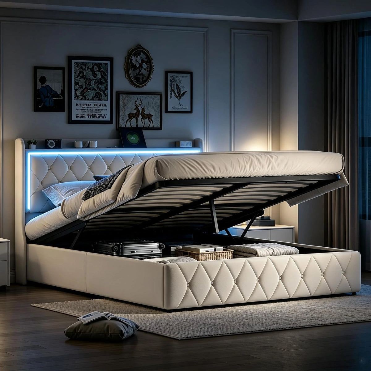 Letto, 190 cm, a LED, Beige