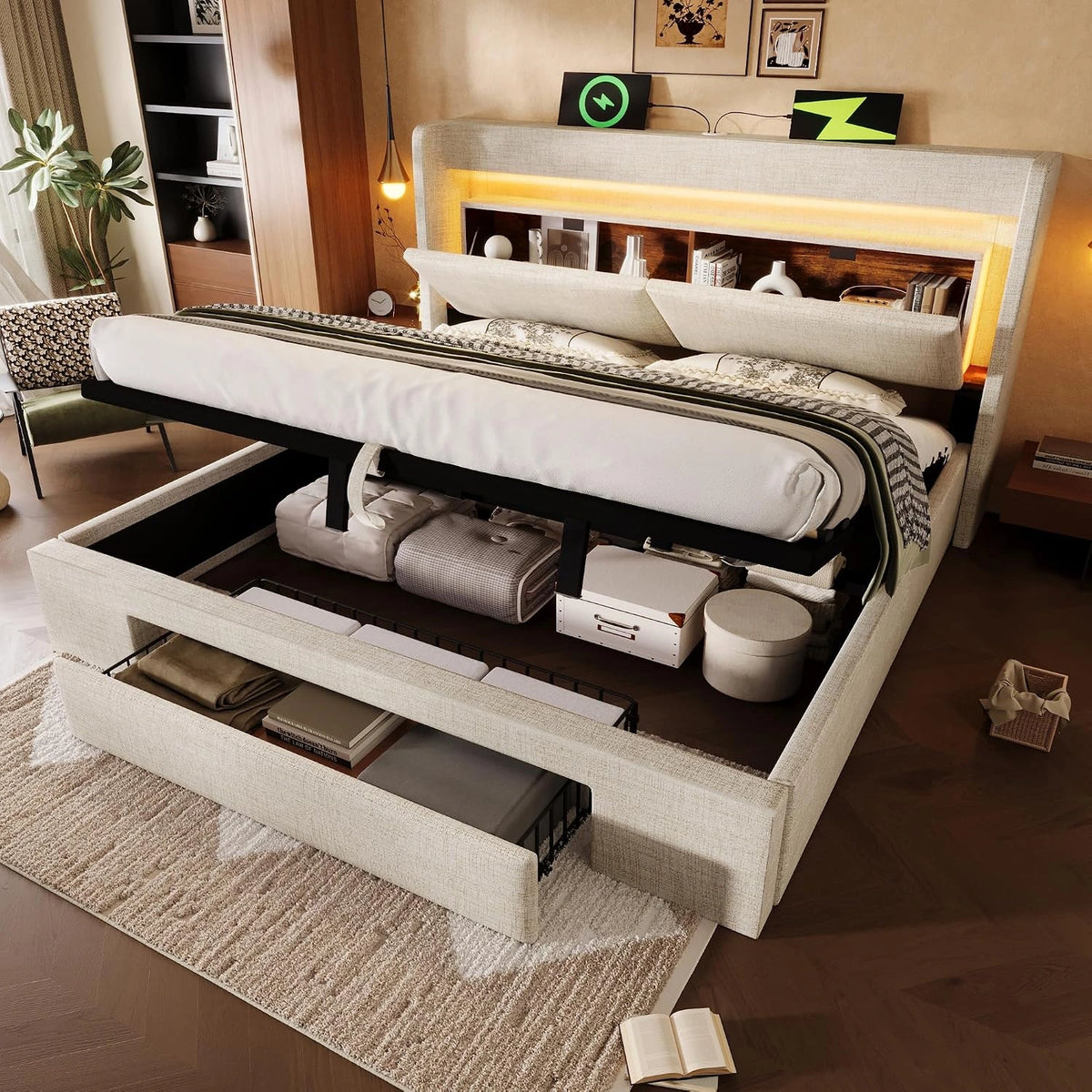 Letto, a LED, Beige