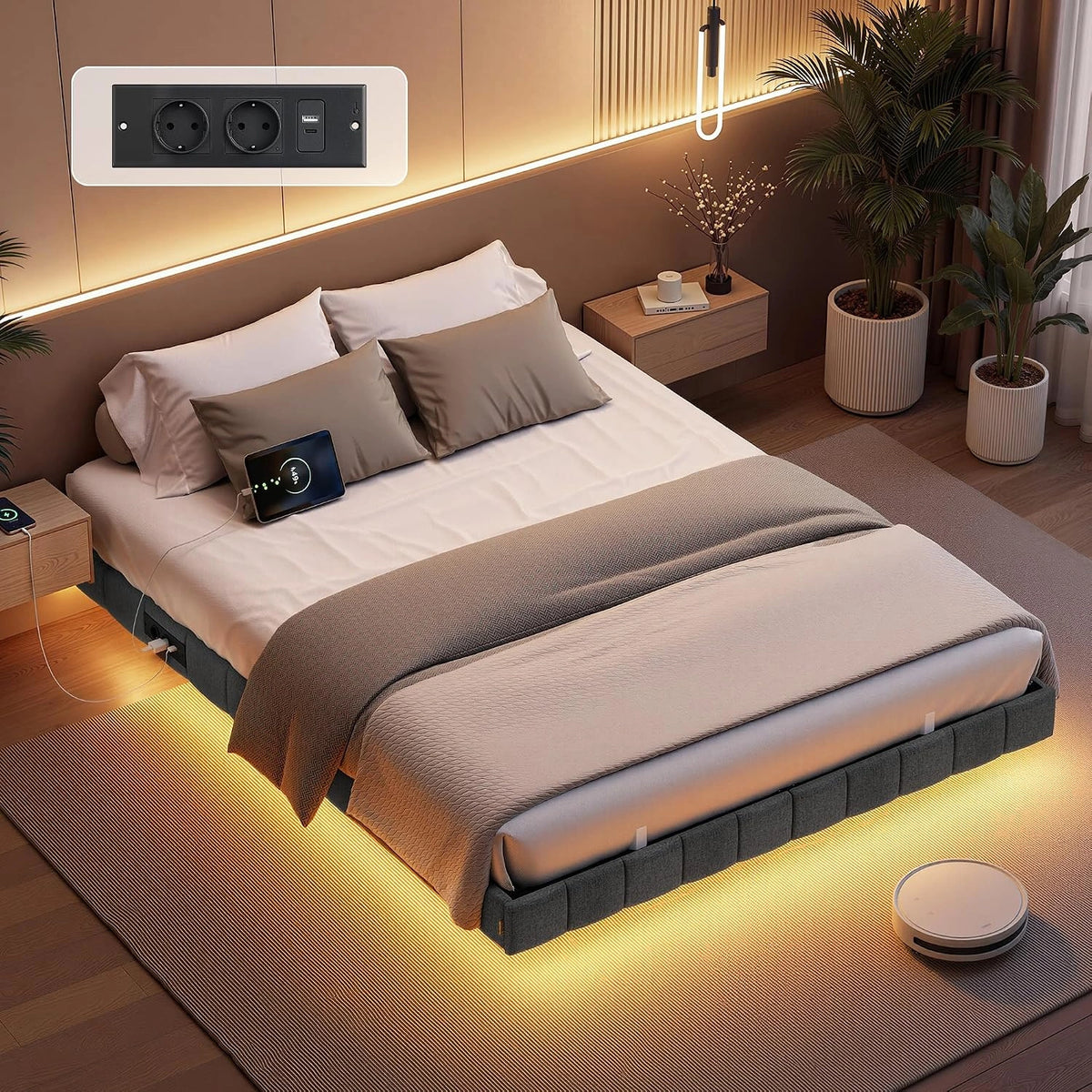 VASAGLE, Letto, 200 cm, 500 kg, a LED, Grigio